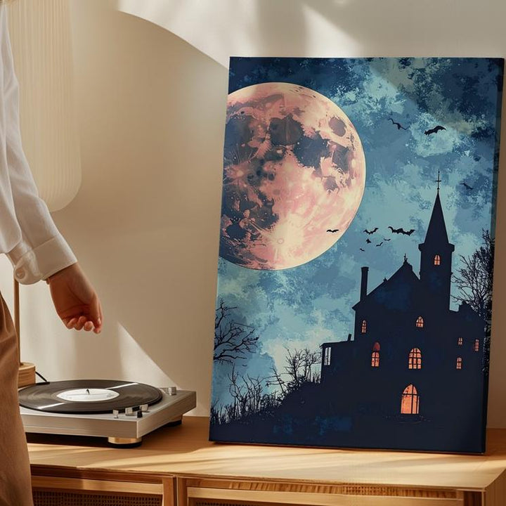 Minimalist Haunted House Canvas – Pastel Moon & Twilight Halloween Art - Gifitto
