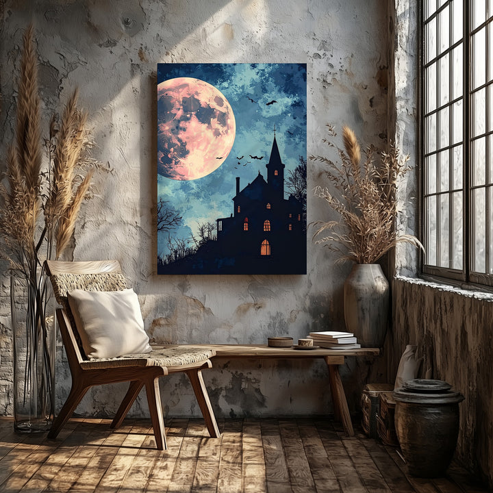 Minimalist Haunted House Canvas – Pastel Moon & Twilight Halloween Art - Gifitto