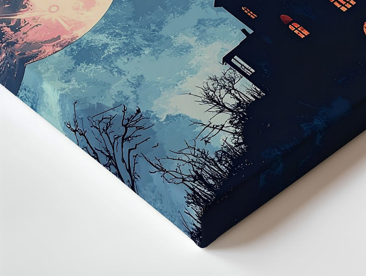 Minimalist Haunted House Canvas – Pastel Moon & Twilight Halloween Art - Gifitto