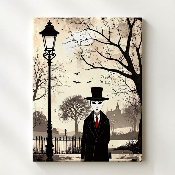 Faceless Gentleman Canvas – Minimalist Gothic Halloween Streetlamp Art - Gifitto