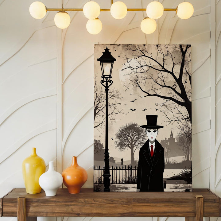 Faceless Gentleman Canvas – Minimalist Gothic Halloween Streetlamp Art - Gifitto