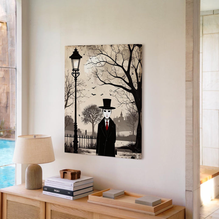 Faceless Gentleman Canvas – Minimalist Gothic Halloween Streetlamp Art - Gifitto