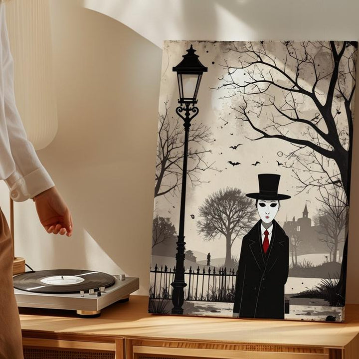 Faceless Gentleman Canvas – Minimalist Gothic Halloween Streetlamp Art - Gifitto