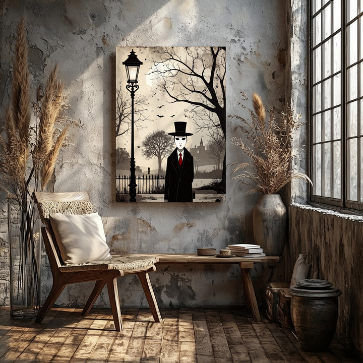 Faceless Gentleman Canvas – Minimalist Gothic Halloween Streetlamp Art - Gifitto