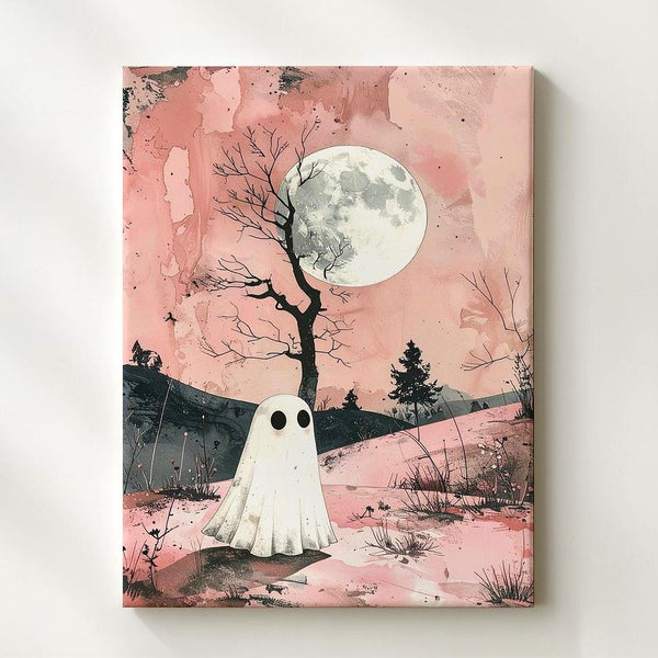Minimal Ghost in Pink Landscape Canvas – Poetic Halloween Moon Art - Gifitto