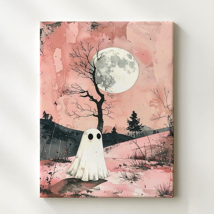 Minimal Ghost in Pink Landscape Canvas – Poetic Halloween Moon Art - Gifitto