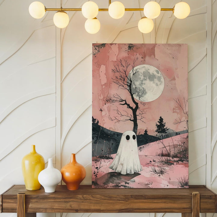Minimal Ghost in Pink Landscape Canvas – Poetic Halloween Moon Art - Gifitto
