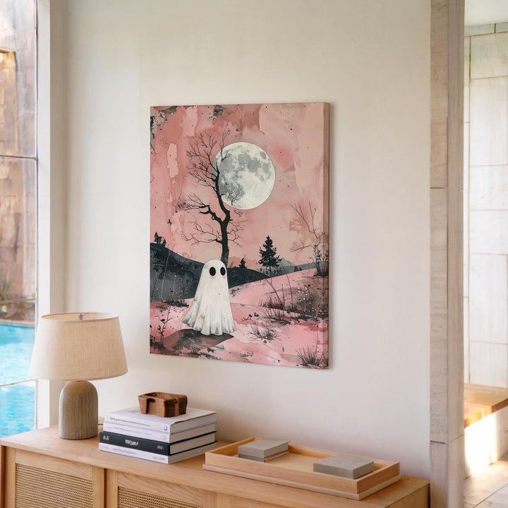 Minimal Ghost in Pink Landscape Canvas – Poetic Halloween Moon Art - Gifitto