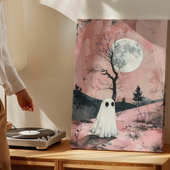 Minimal Ghost in Pink Landscape Canvas – Poetic Halloween Moon Art - Gifitto