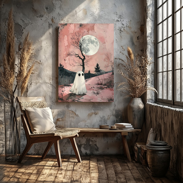 Minimal Ghost in Pink Landscape Canvas – Poetic Halloween Moon Art - Gifitto