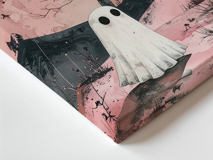 Minimal Ghost in Pink Landscape Canvas – Poetic Halloween Moon Art - Gifitto