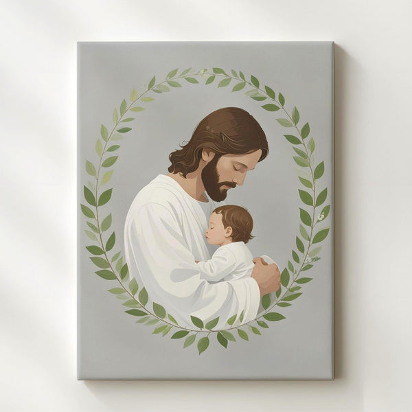 Minimalist Jesus and Child Embrace Canvas – Sacred Symbol of Divine Love and Innocence - Gifitto