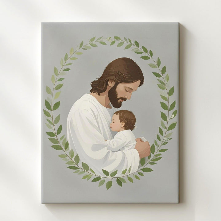Minimalist Jesus and Child Embrace Canvas – Sacred Symbol of Divine Love and Innocence - Gifitto