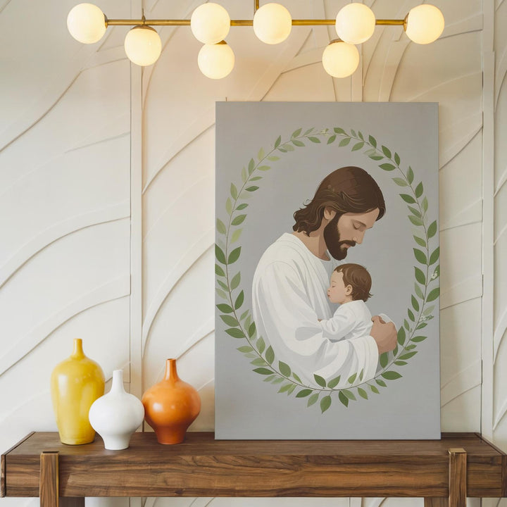 Minimalist Jesus and Child Embrace Canvas – Sacred Symbol of Divine Love and Innocence - Gifitto