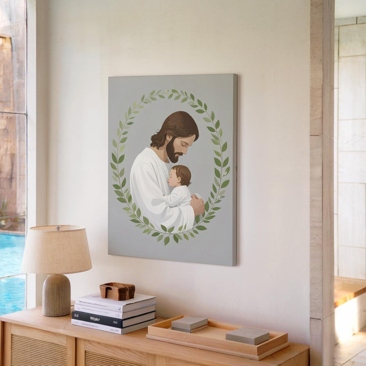 Minimalist Jesus and Child Embrace Canvas – Sacred Symbol of Divine Love and Innocence - Gifitto