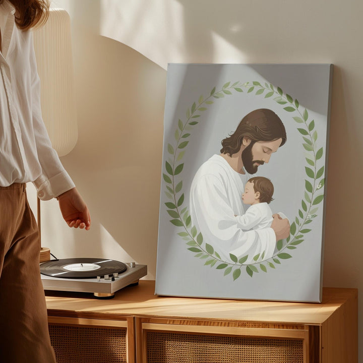 Minimalist Jesus and Child Embrace Canvas – Sacred Symbol of Divine Love and Innocence - Gifitto