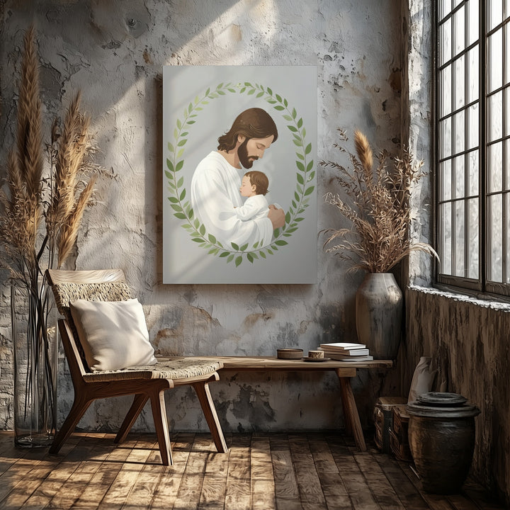 Minimalist Jesus and Child Embrace Canvas – Sacred Symbol of Divine Love and Innocence - Gifitto