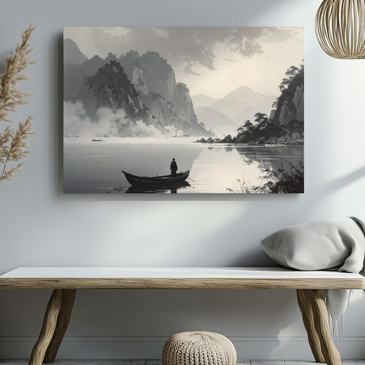 Sacred Stillness Canvas – Minimalist Boat Scene of Spiritual Journey - Gifitto