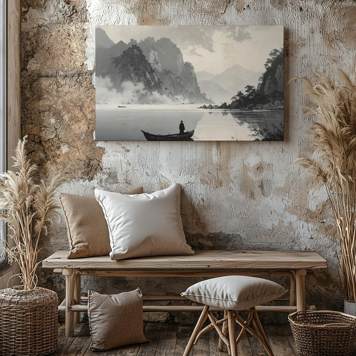 Sacred Stillness Canvas – Minimalist Boat Scene of Spiritual Journey - Gifitto