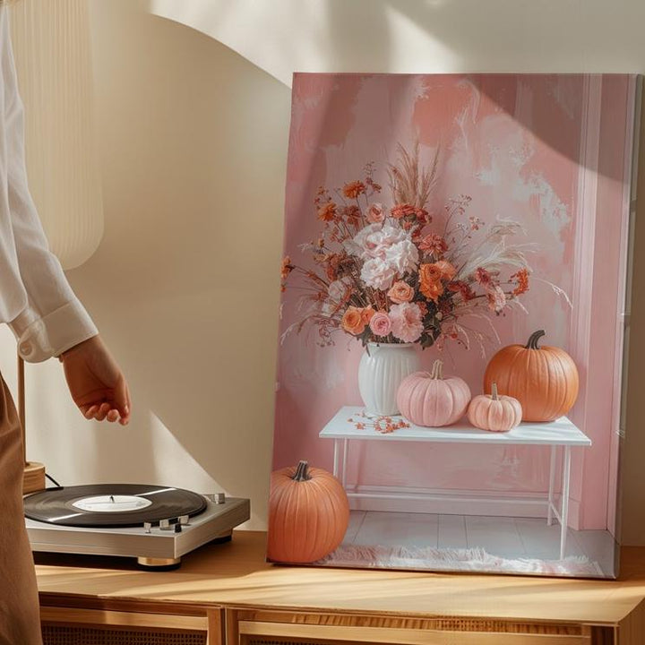 Minimalist Pastel Autumn Corner Canvas – Dried Florals & Pumpkin Decor - Gifitto