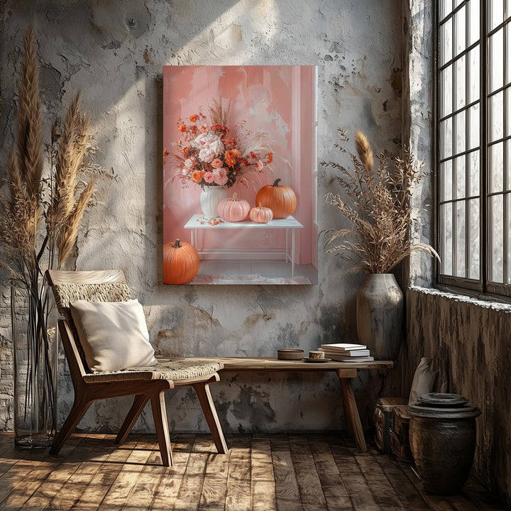 Minimalist Pastel Autumn Corner Canvas – Dried Florals & Pumpkin Decor - Gifitto