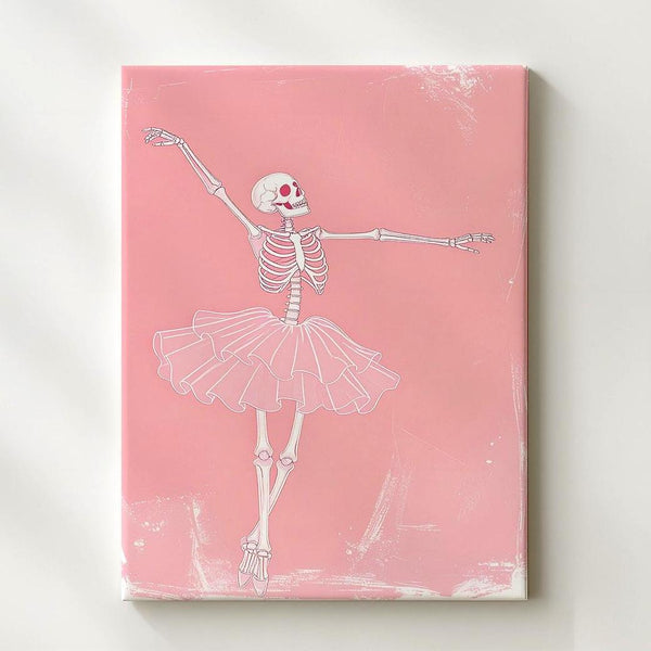 Minimalist Skeleton Ballerina Canvas – Peach-Pink Dance & Macabre Art - Gifitto