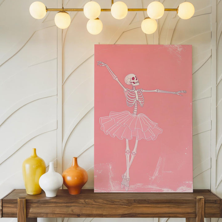 Minimalist Skeleton Ballerina Canvas – Peach-Pink Dance & Macabre Art - Gifitto