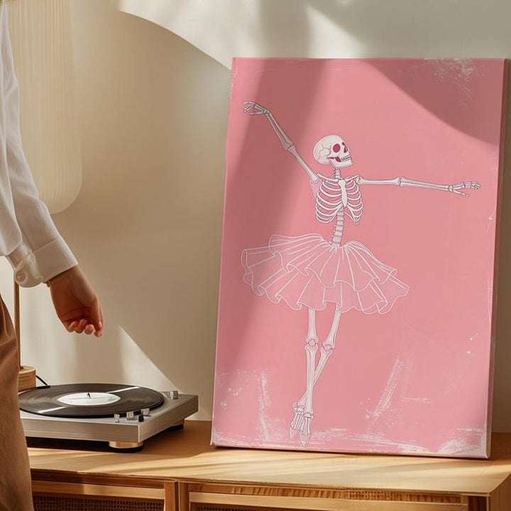 Minimalist Skeleton Ballerina Canvas – Peach-Pink Dance & Macabre Art - Gifitto