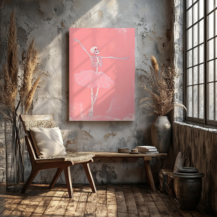 Minimalist Skeleton Ballerina Canvas – Peach-Pink Dance & Macabre Art - Gifitto