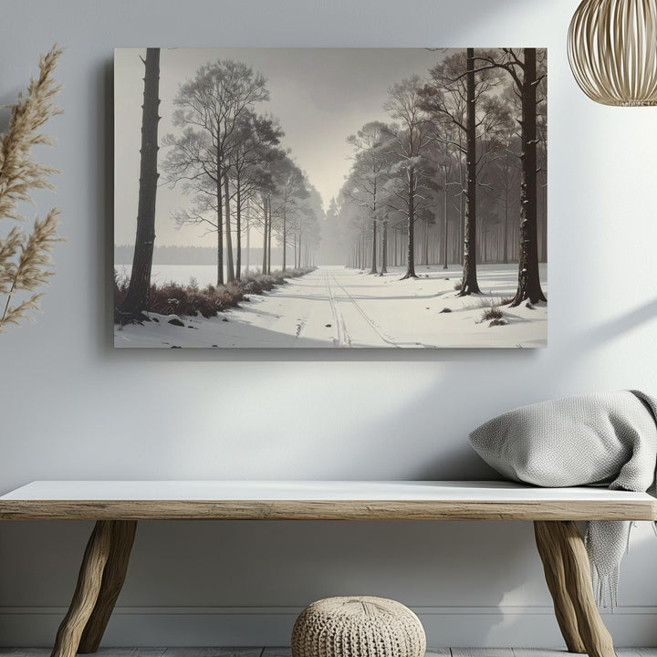Minimalist Winter Forest Sketch Canvas – Black & White Nature Art - Gifitto