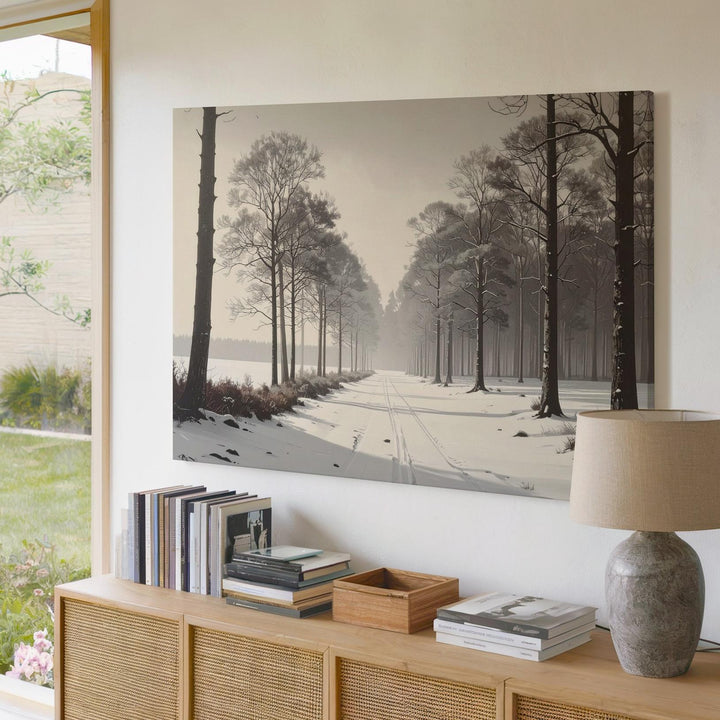 Minimalist Winter Forest Sketch Canvas – Black & White Nature Art - Gifitto