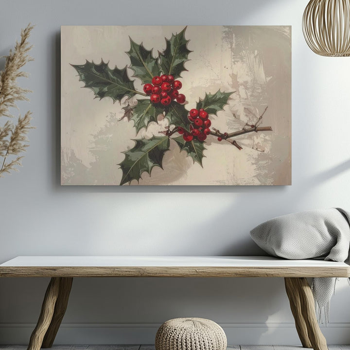 Minimalist Holly Botanical Canvas – Elegant Christmas Nature Art - Gifitto