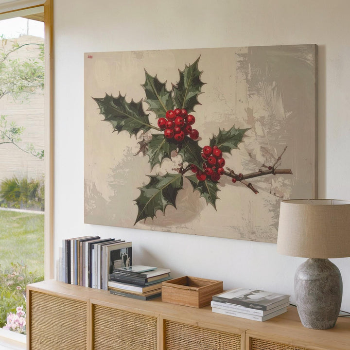 Minimalist Holly Botanical Canvas – Elegant Christmas Nature Art - Gifitto