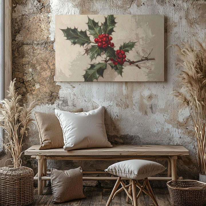 Minimalist Holly Botanical Canvas – Elegant Christmas Nature Art - Gifitto