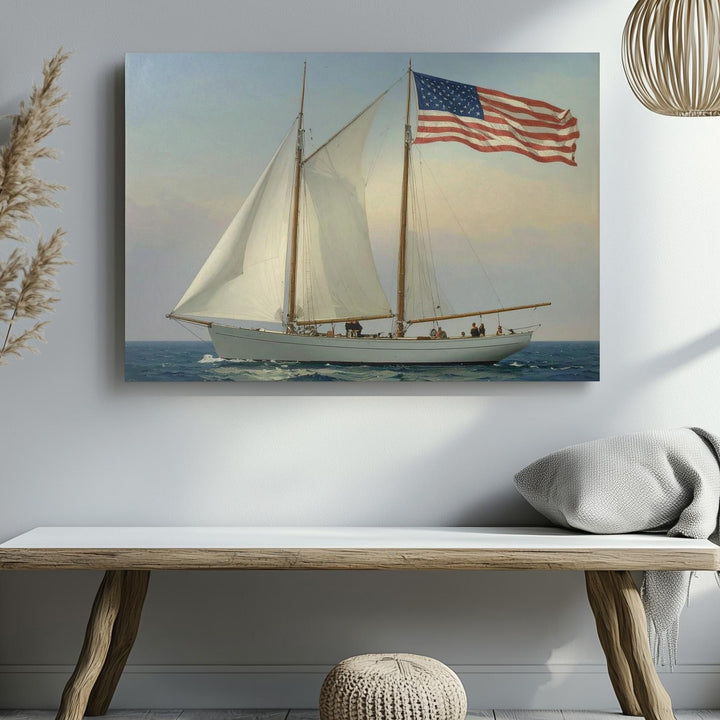 Minimalist Sailboat with American Flag Canvas – Nautical Americana Wall Art - Gifitto
