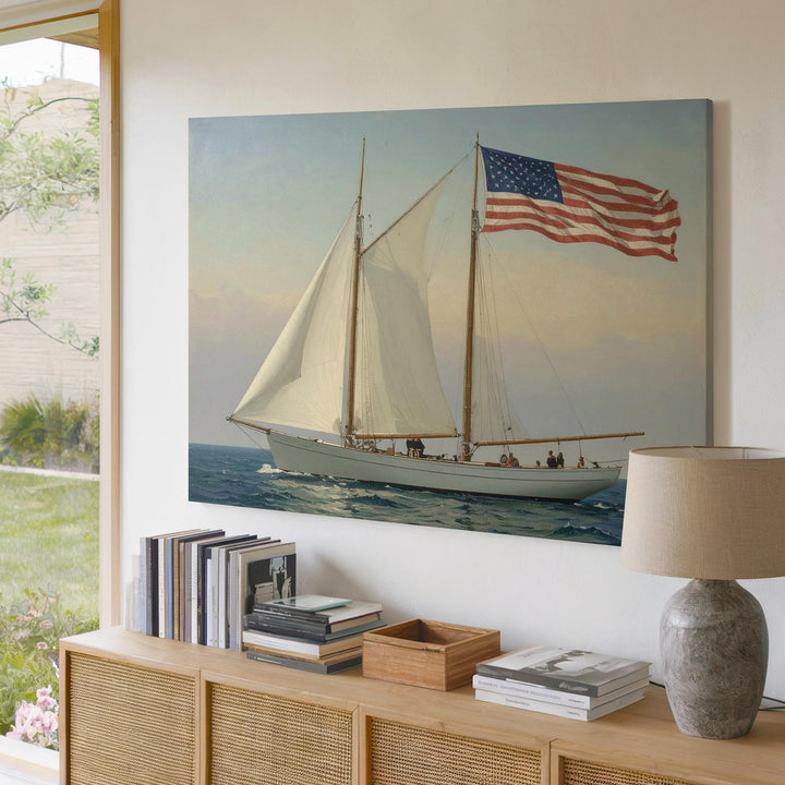 Minimalist Sailboat with American Flag Canvas – Nautical Americana Wall Art - Gifitto