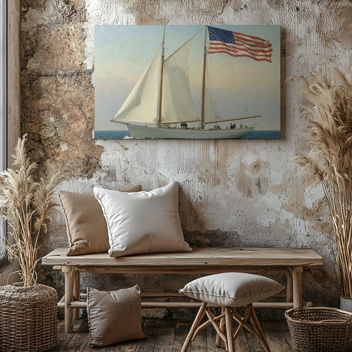 Minimalist Sailboat with American Flag Canvas – Nautical Americana Wall Art - Gifitto