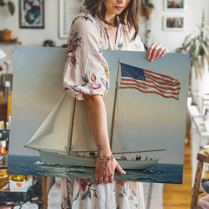 Minimalist Sailboat with American Flag Canvas – Nautical Americana Wall Art - Gifitto