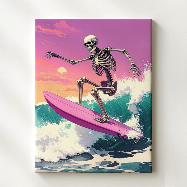 Minimal Skeleton Surfer Canvas – Pastel Halloween Surf Art - Gifitto