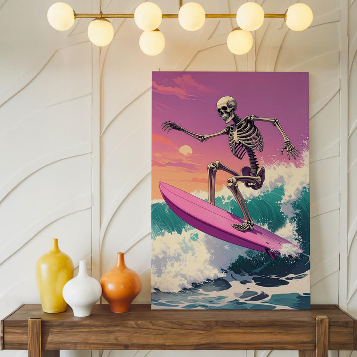 Minimal Skeleton Surfer Canvas – Pastel Halloween Surf Art - Gifitto