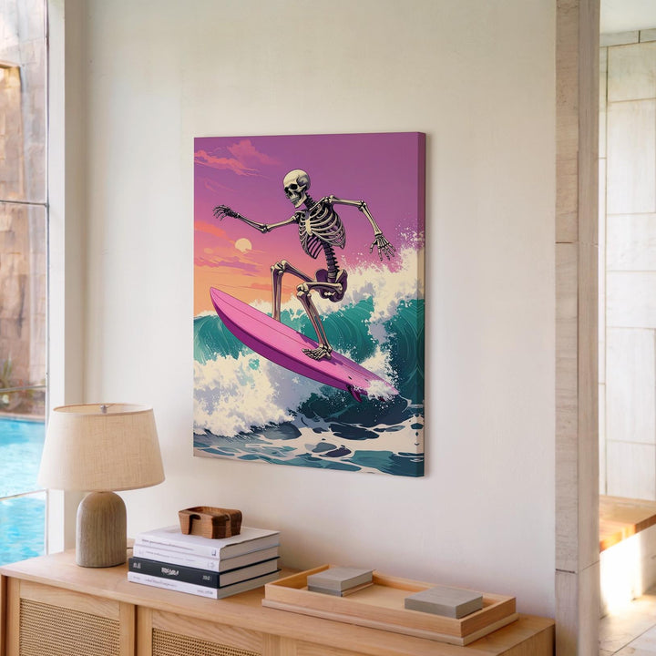 Minimal Skeleton Surfer Canvas – Pastel Halloween Surf Art - Gifitto
