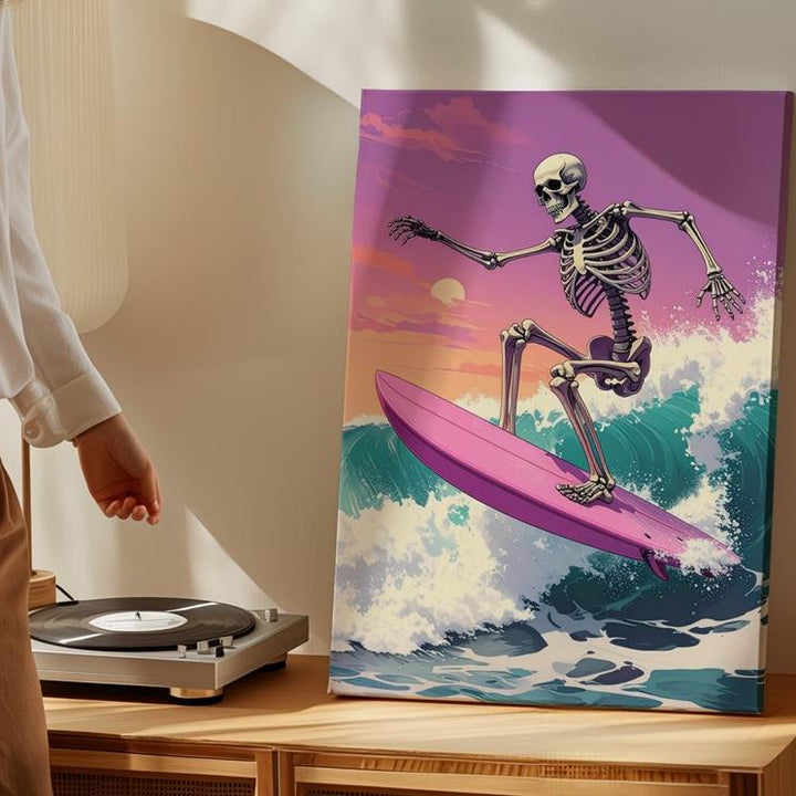 Minimal Skeleton Surfer Canvas – Pastel Halloween Surf Art - Gifitto