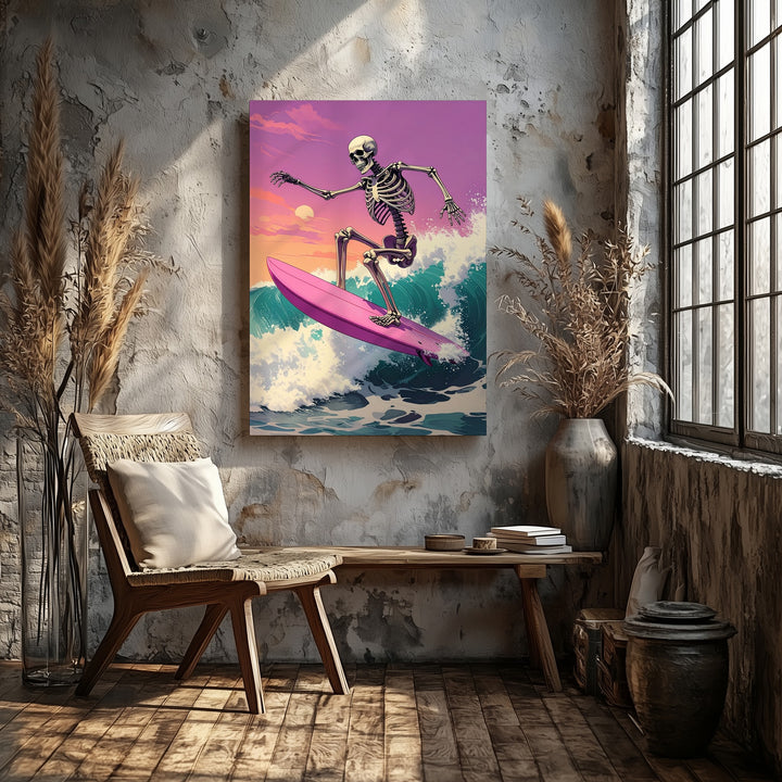 Minimal Skeleton Surfer Canvas – Pastel Halloween Surf Art - Gifitto