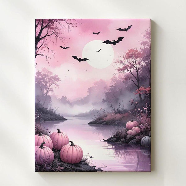 Misty Pink Riverbank Canvas – Dreamy Halloween Landscape Art - Gifitto
