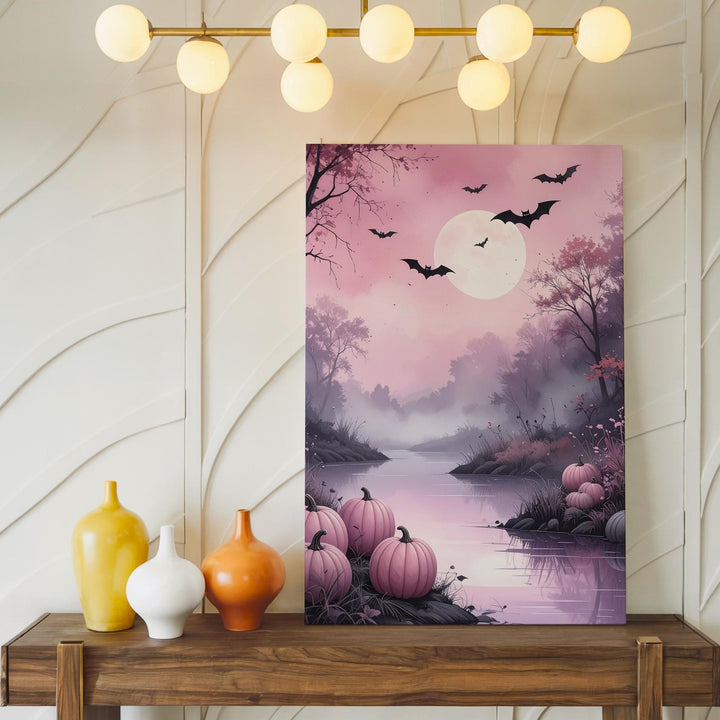 Misty Pink Riverbank Canvas – Dreamy Halloween Landscape Art - Gifitto