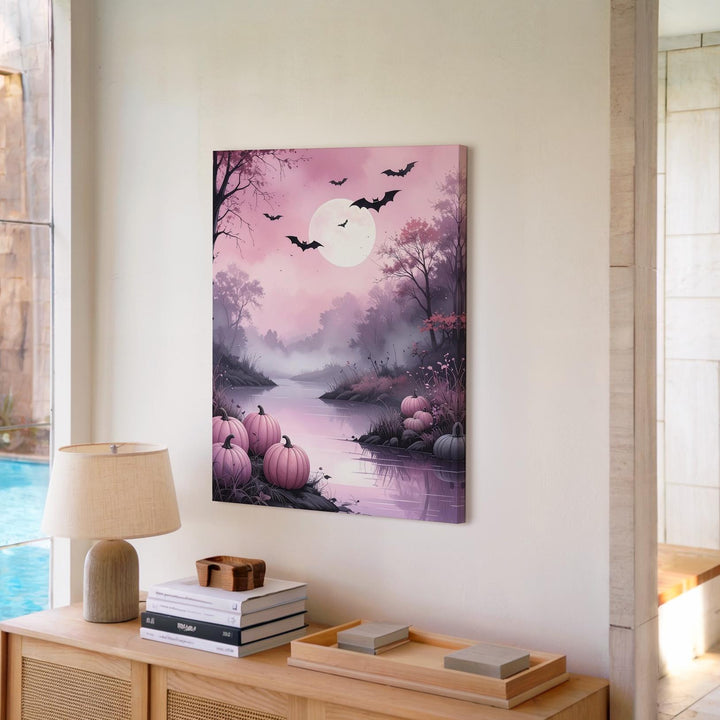 Misty Pink Riverbank Canvas – Dreamy Halloween Landscape Art - Gifitto