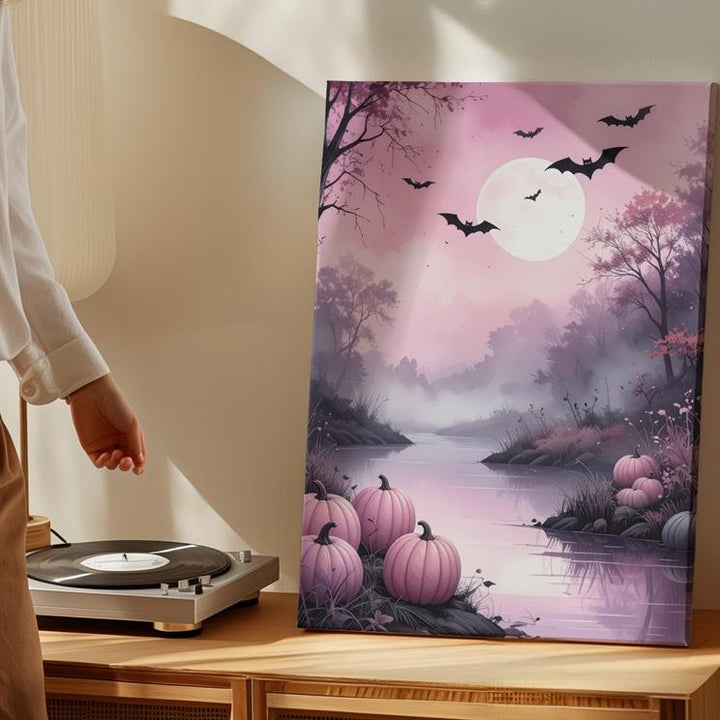 Misty Pink Riverbank Canvas – Dreamy Halloween Landscape Art - Gifitto