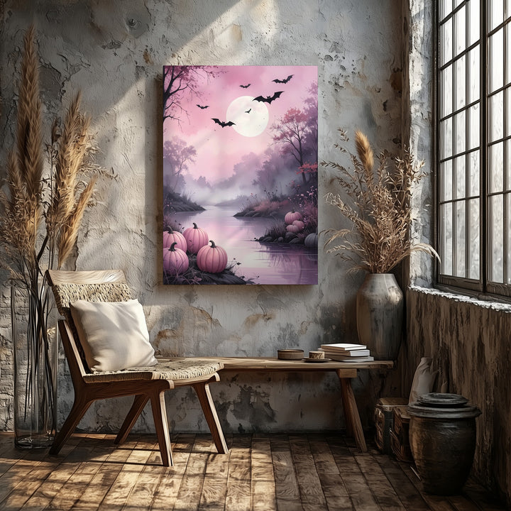 Misty Pink Riverbank Canvas – Dreamy Halloween Landscape Art - Gifitto