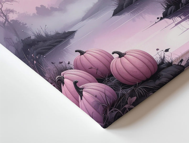Misty Pink Riverbank Canvas – Dreamy Halloween Landscape Art - Gifitto