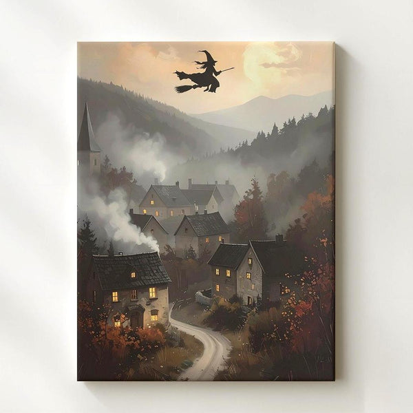 Twilight Witch Over Village Canvas – Enchanted Medieval Halloween Landscape Art - Gifitto